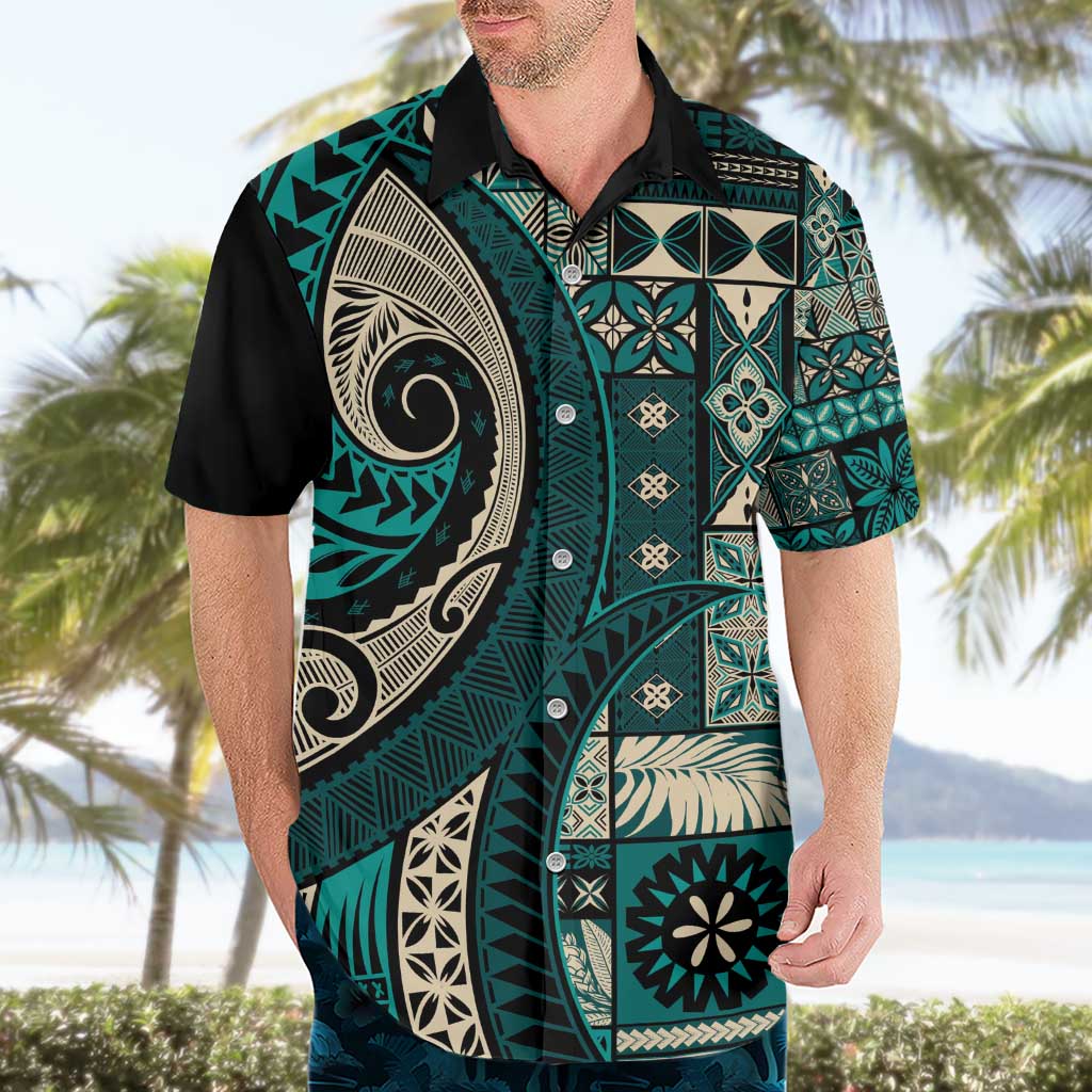 Vintage Samoa Siapo Mamanu Hawaiian Shirt Teal Samoan Tapa Motif - Polynesian Pride