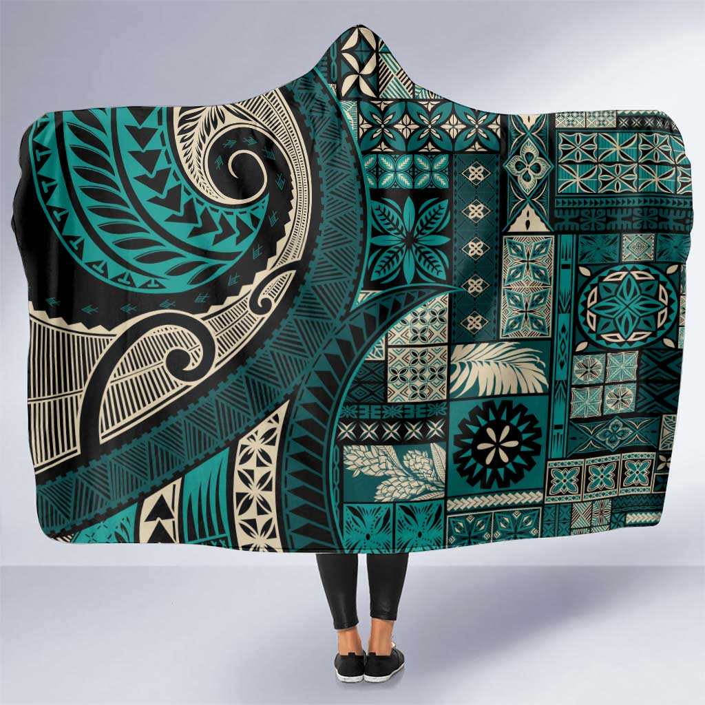 Vintage Samoa Siapo Mamanu Hooded Blanket Teal Samoan Tapa Motif LT9 One Size Teal - Polynesian Pride