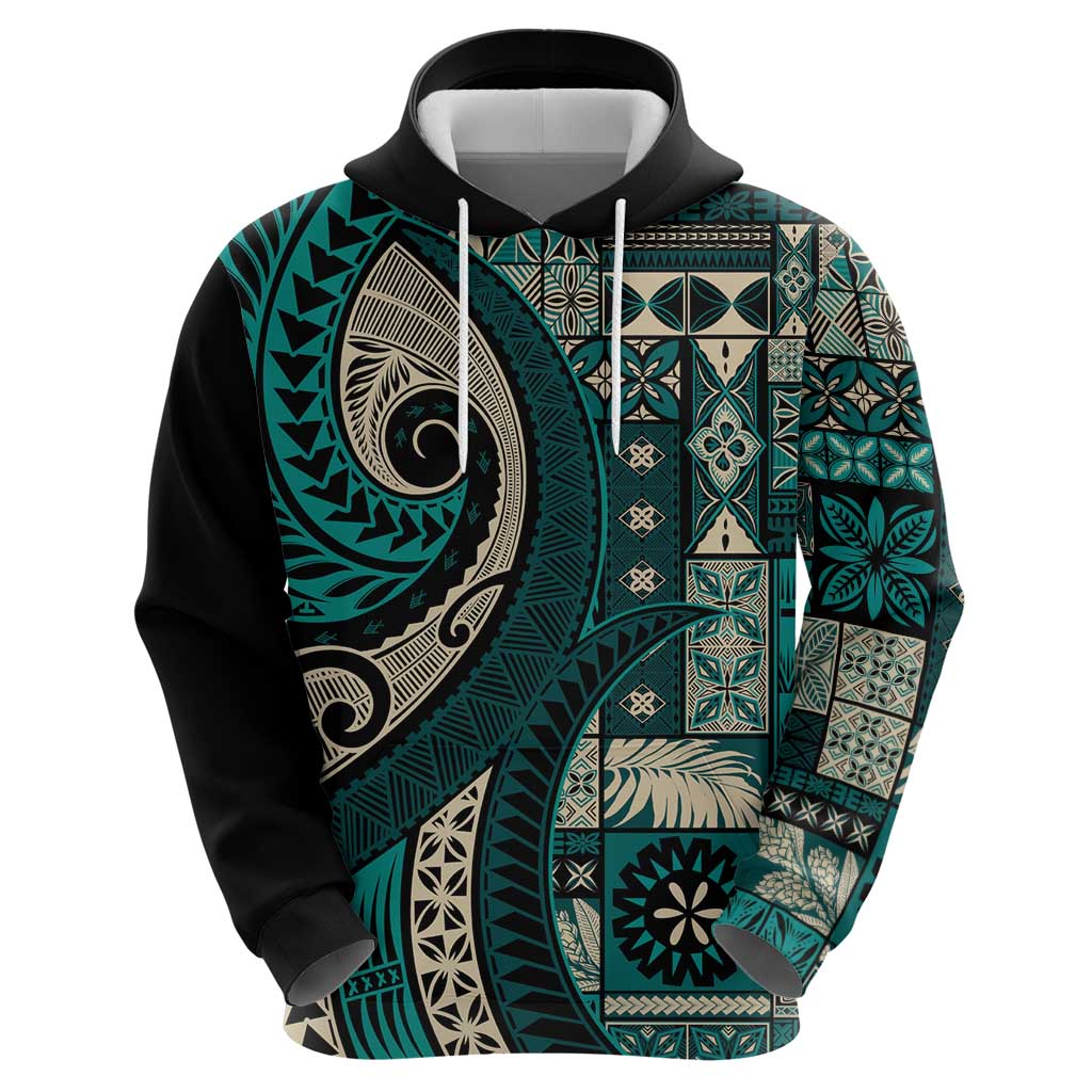 Vintage Samoa Siapo Mamanu Hoodie Teal Samoan Tapa Motif - Polynesian Pride