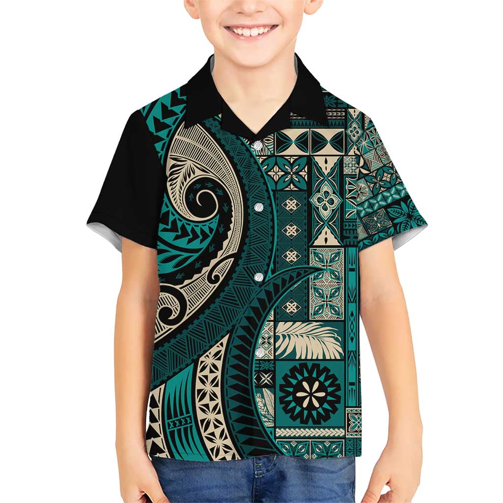 Vintage Samoa Siapo Mamanu Kid Hawaiian Shirt Teal Samoan Tapa Motif LT9 Kid Teal - Polynesian Pride