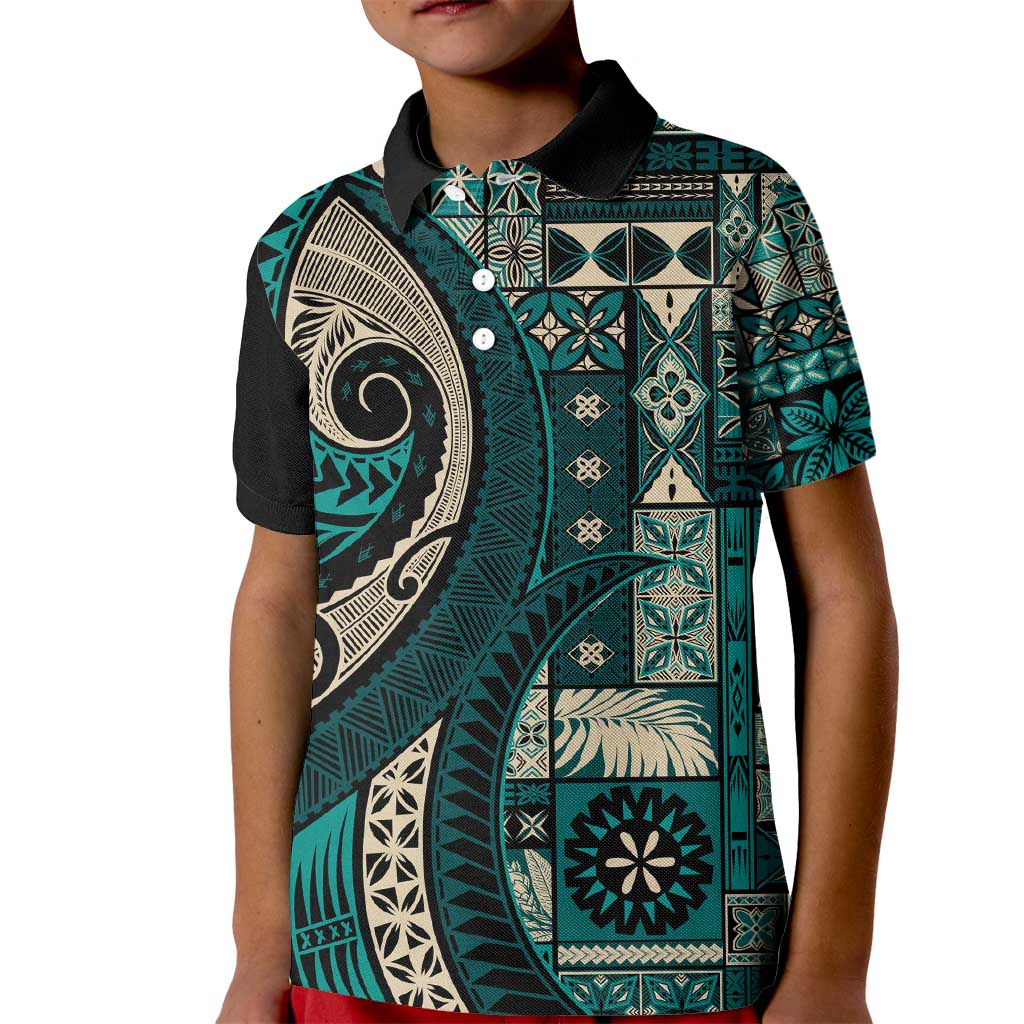Vintage Samoa Siapo Mamanu Kid Polo Shirt Teal Samoan Tapa Motif LT9 Kid Teal - Polynesian Pride