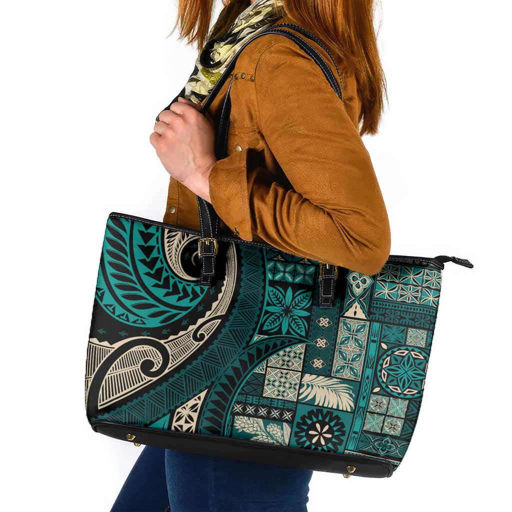Vintage Samoa Siapo Mamanu Leather Tote Bag Teal Samoan Tapa Motif - Polynesian Pride