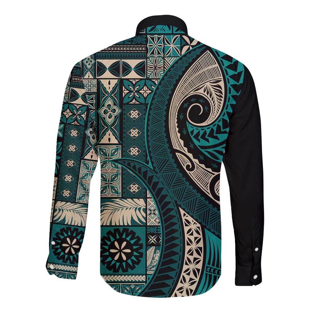 Vintage Samoa Siapo Mamanu Long Sleeve Button Shirt Teal Samoan Tapa Motif - Polynesian Pride