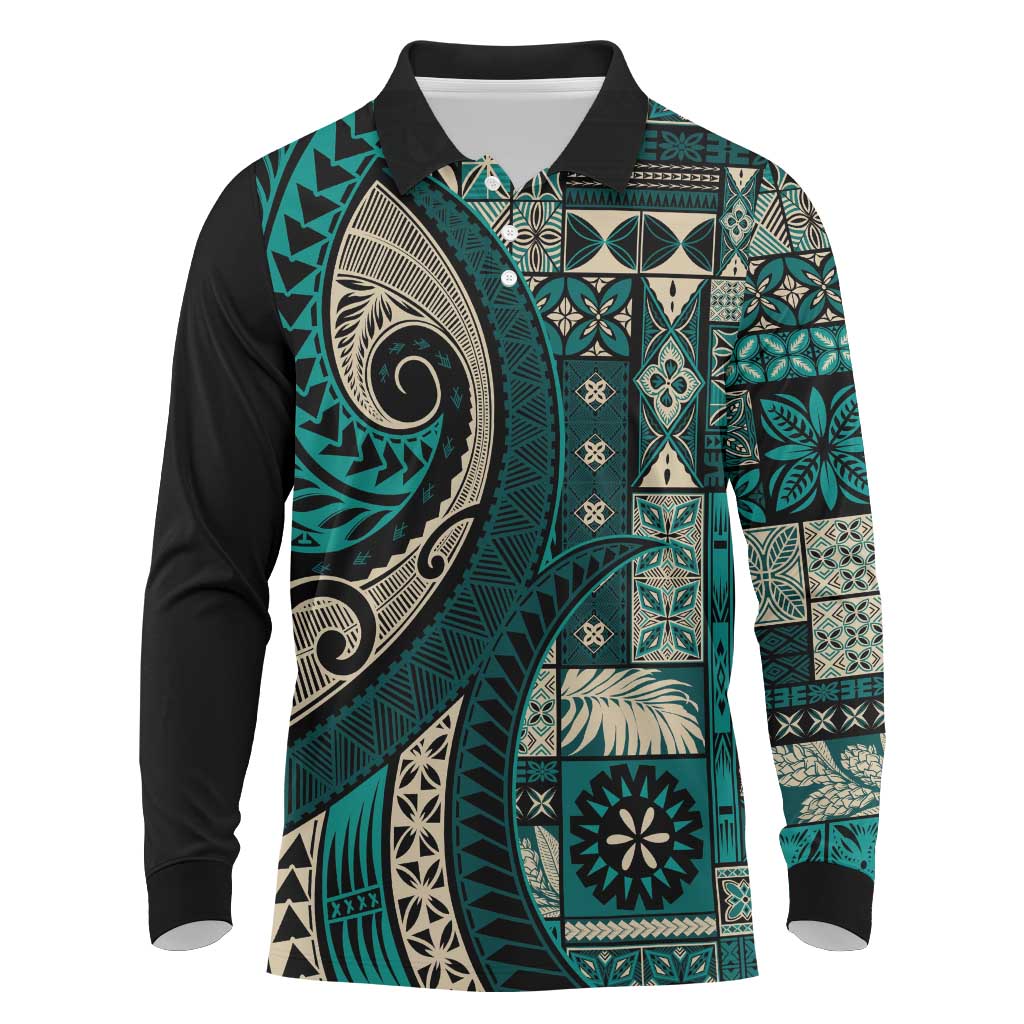 Vintage Samoa Siapo Mamanu Long Sleeve Polo Shirt Teal Samoan Tapa Motif LT9 Teal - Polynesian Pride