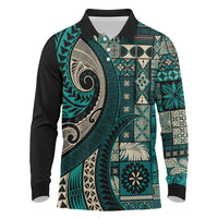 Vintage Samoa Siapo Mamanu Long Sleeve Polo Shirt Teal Samoan Tapa Motif LT9 Teal - Polynesian Pride