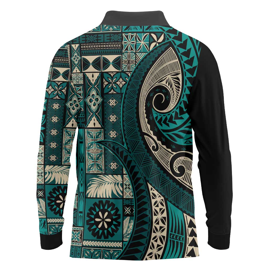 Vintage Samoa Siapo Mamanu Long Sleeve Polo Shirt Teal Samoan Tapa Motif LT9 - Polynesian Pride