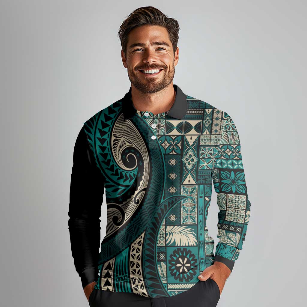 Vintage Samoa Siapo Mamanu Long Sleeve Polo Shirt Teal Samoan Tapa Motif LT9 - Polynesian Pride
