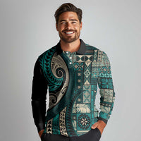 Vintage Samoa Siapo Mamanu Long Sleeve Polo Shirt Teal Samoan Tapa Motif LT9 - Polynesian Pride