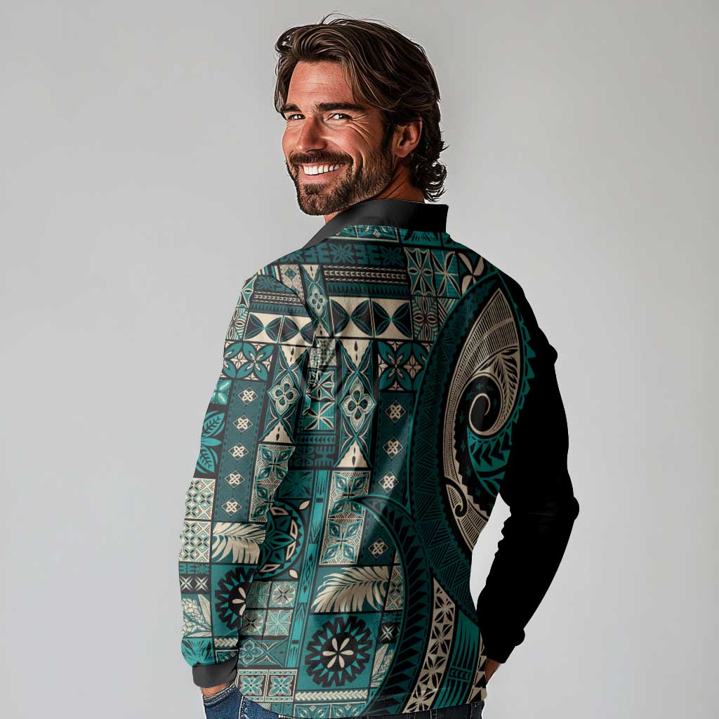Vintage Samoa Siapo Mamanu Long Sleeve Polo Shirt Teal Samoan Tapa Motif LT9 - Polynesian Pride