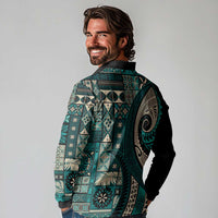 Vintage Samoa Siapo Mamanu Long Sleeve Polo Shirt Teal Samoan Tapa Motif LT9 - Polynesian Pride