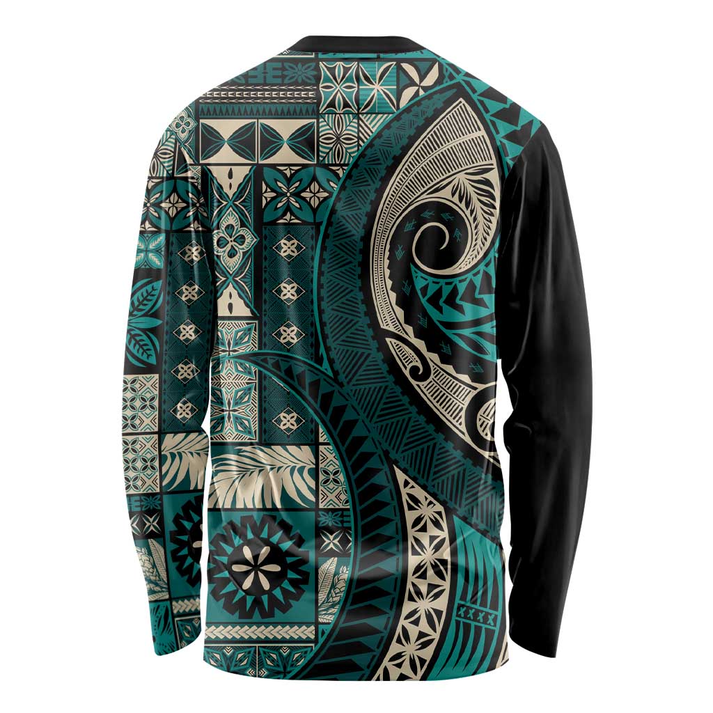 Vintage Samoa Siapo Mamanu Long Sleeve Shirt Teal Samoan Tapa Motif - Polynesian Pride