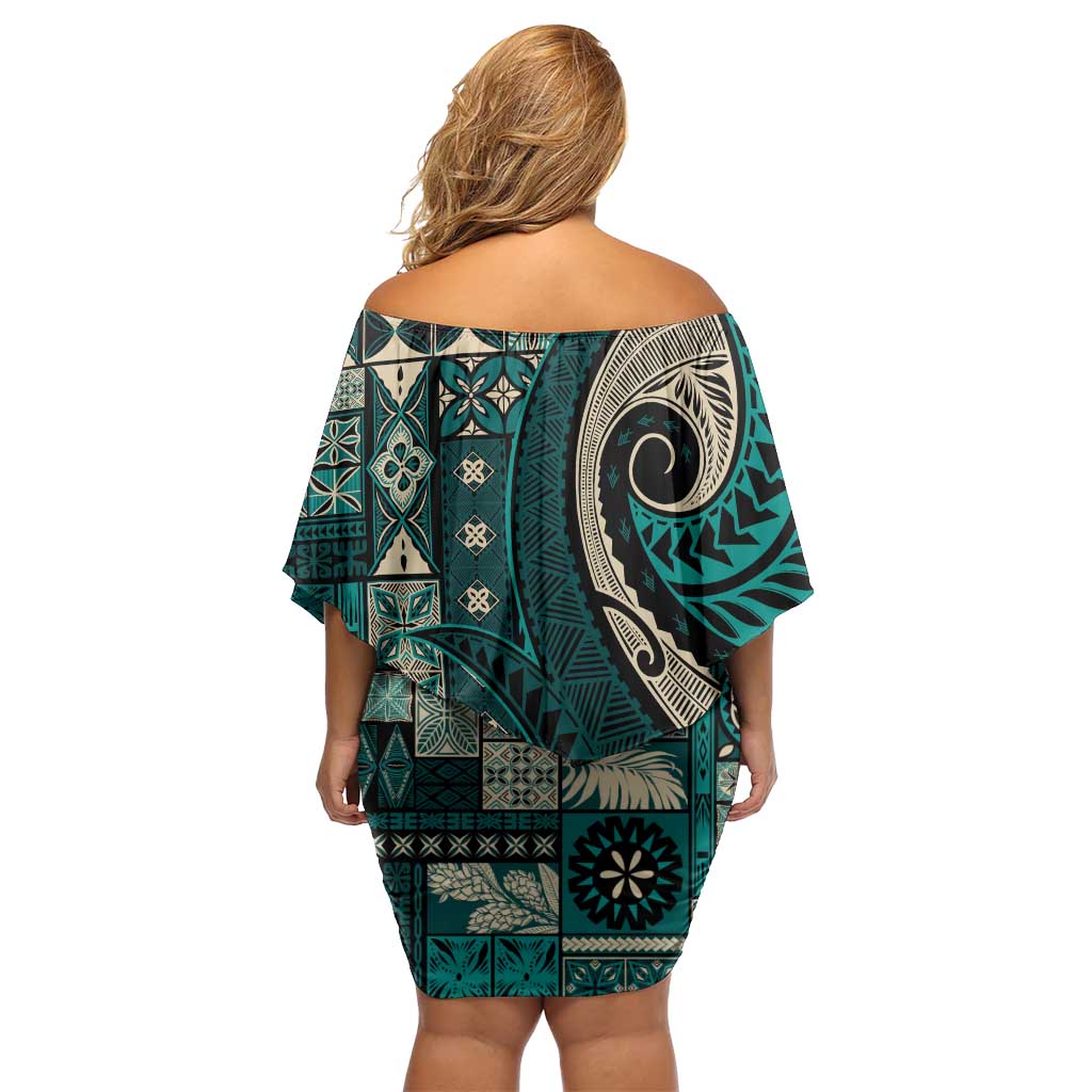 Vintage Samoa Siapo Mamanu Off Shoulder Short Dress Teal Samoan Tapa Motif - Polynesian Pride