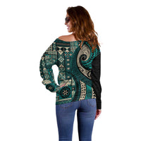 Vintage Samoa Siapo Mamanu Off Shoulder Sweater Teal Samoan Tapa Motif - Polynesian Pride