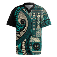 Vintage Samoa Siapo Mamanu Rugby Jersey Teal Samoan Tapa Motif - Polynesian Pride