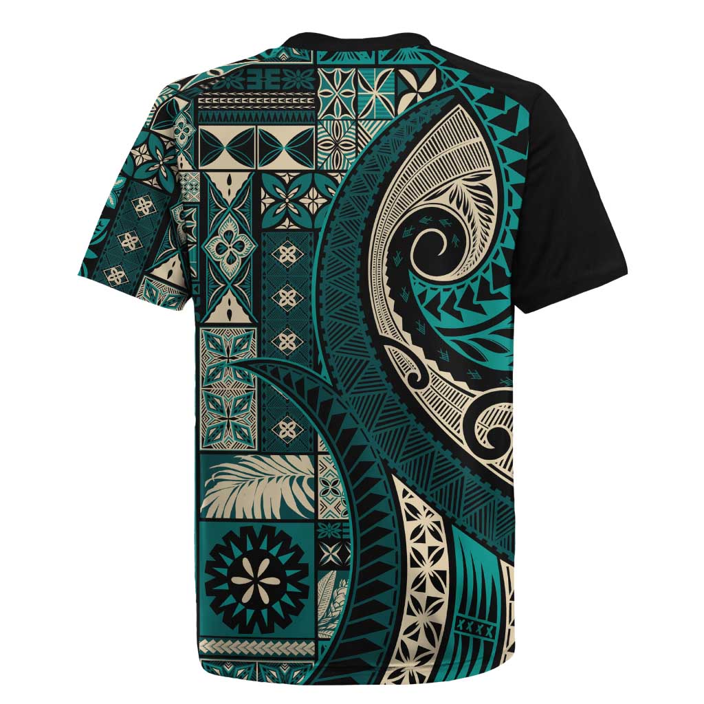 Vintage Samoa Siapo Mamanu Rugby Jersey Teal Samoan Tapa Motif - Polynesian Pride