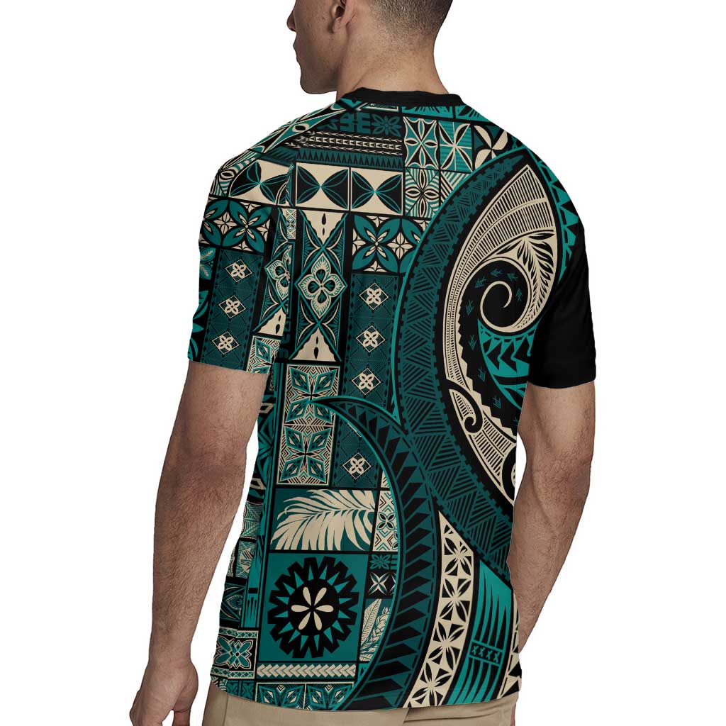 Vintage Samoa Siapo Mamanu Rugby Jersey Teal Samoan Tapa Motif - Polynesian Pride