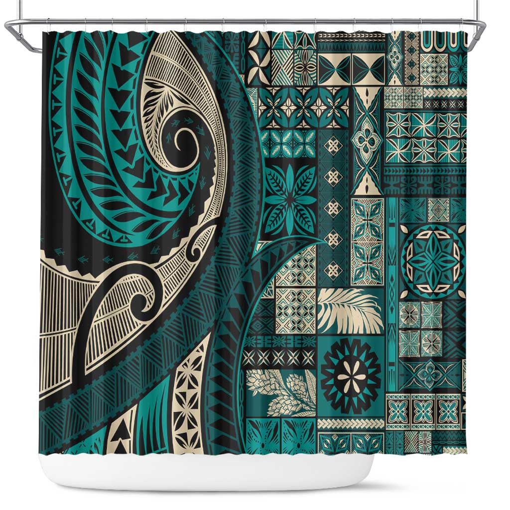 Vintage Samoa Siapo Mamanu Shower Curtain Teal Samoan Tapa Motif LT9 Teal - Polynesian Pride