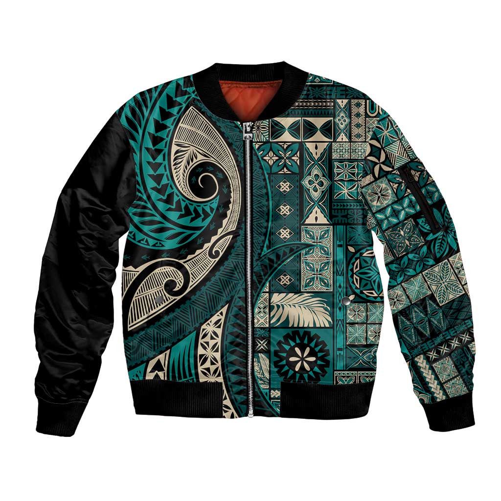 Vintage Samoa Siapo Mamanu Sleeve Zip Bomber Jacket Teal Samoan Tapa Motif LT9 Unisex Teal - Polynesian Pride