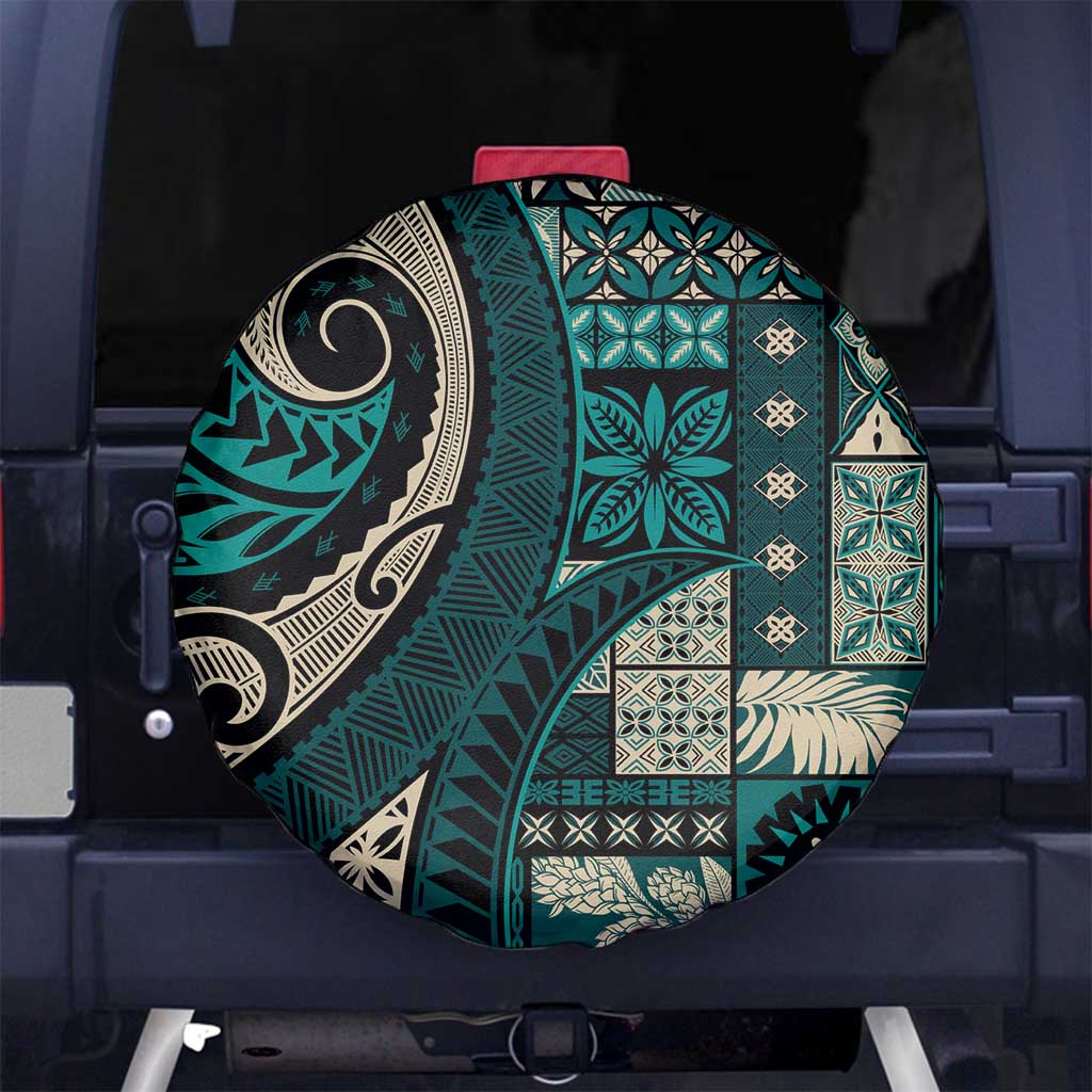 Vintage Samoa Siapo Mamanu Spare Tire Cover Teal Samoan Tapa Motif LT9 No hole Teal - Polynesian Pride