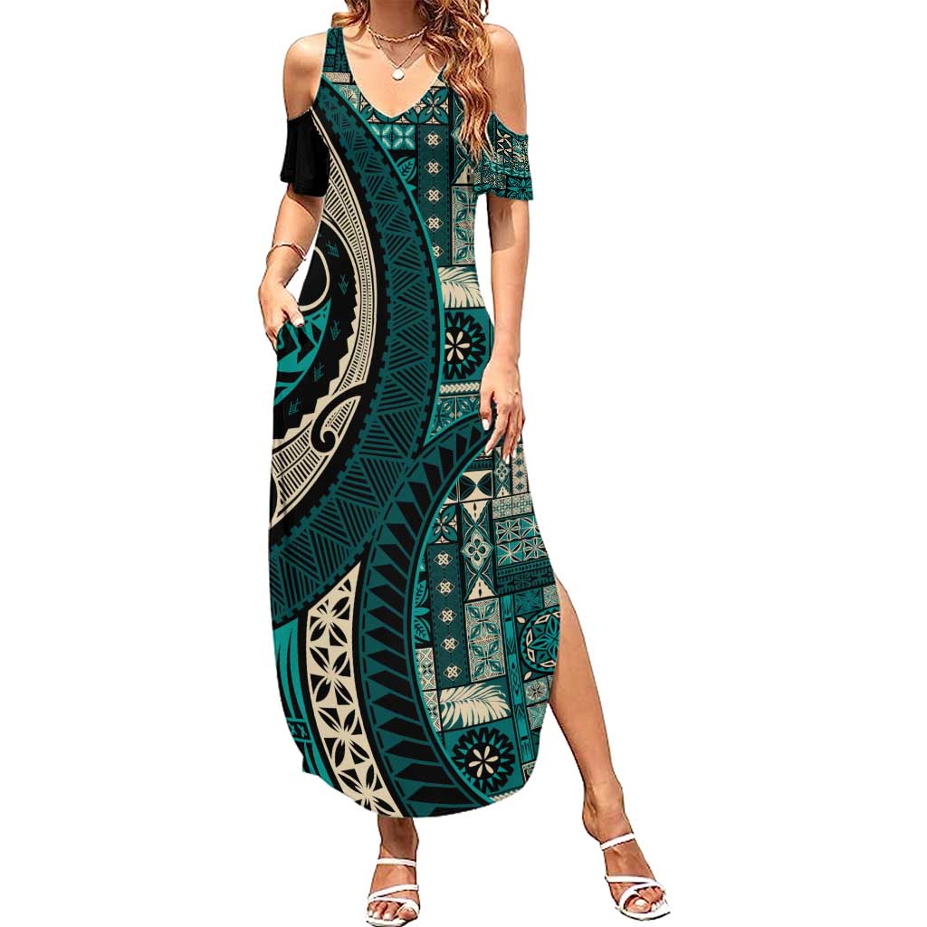 Vintage Samoa Siapo Mamanu Summer Maxi Dress Teal Samoan Tapa Motif - Polynesian Pride