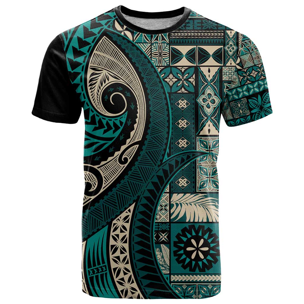 Vintage Samoa Siapo Mamanu T Shirt Teal Samoan Tapa Motif - Polynesian Pride