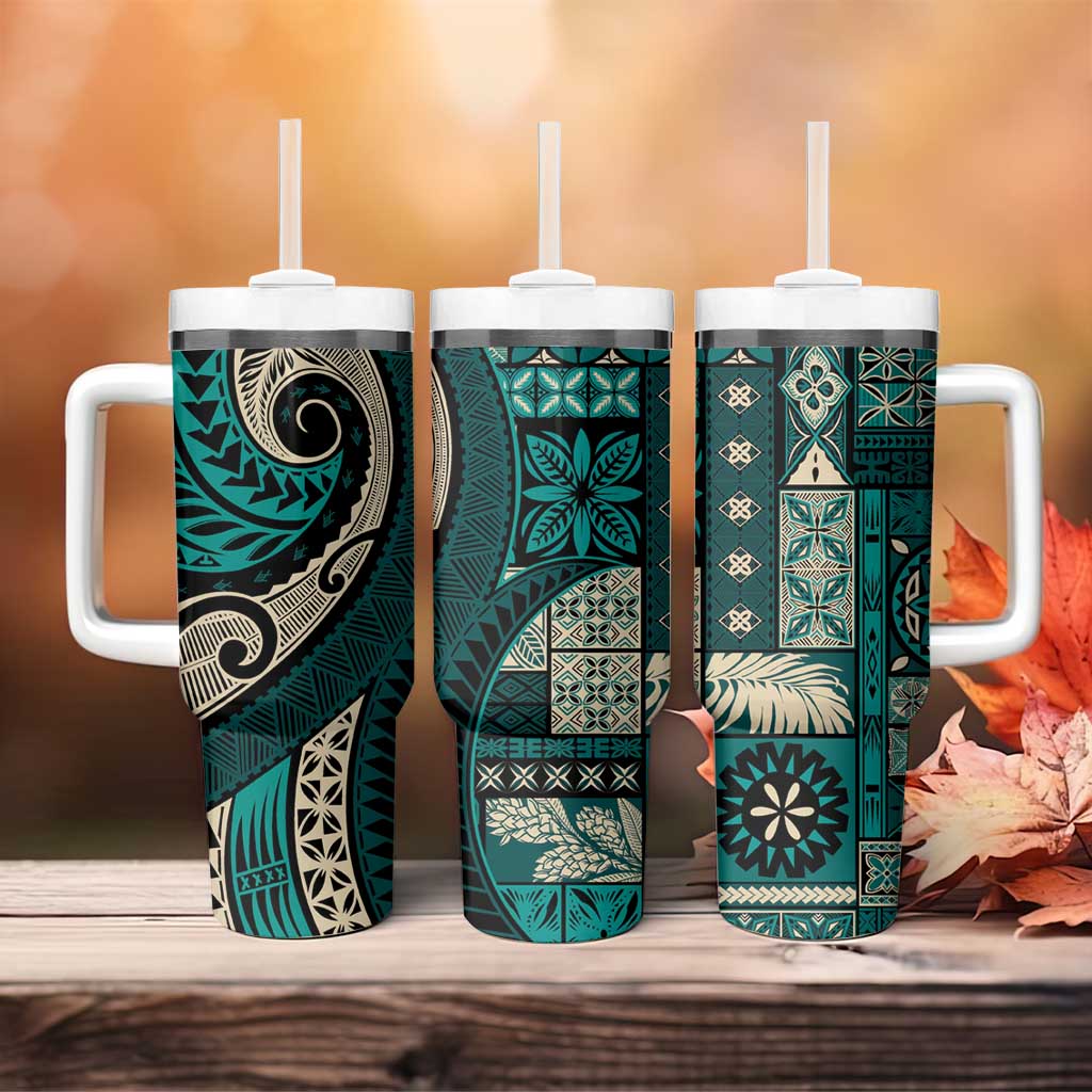 Vintage Samoa Siapo Mamanu Tumbler With Handle Teal Samoan Tapa Motif - Polynesian Pride