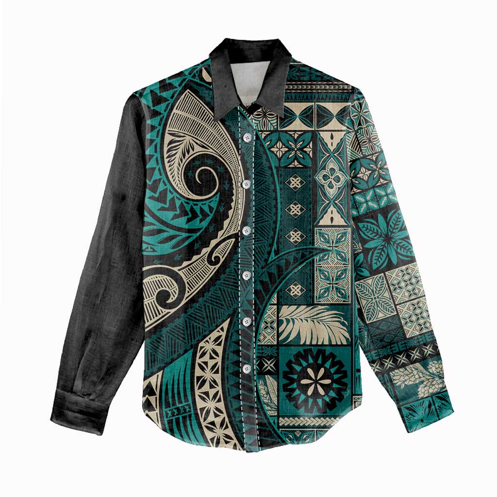 Vintage Samoa Siapo Mamanu Women Casual Shirt Teal Samoan Tapa Motif - Polynesian Pride