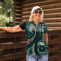 Vintage Samoa Siapo Mamanu Women Polo Shirt Teal Samoan Tapa Motif - Polynesian Pride