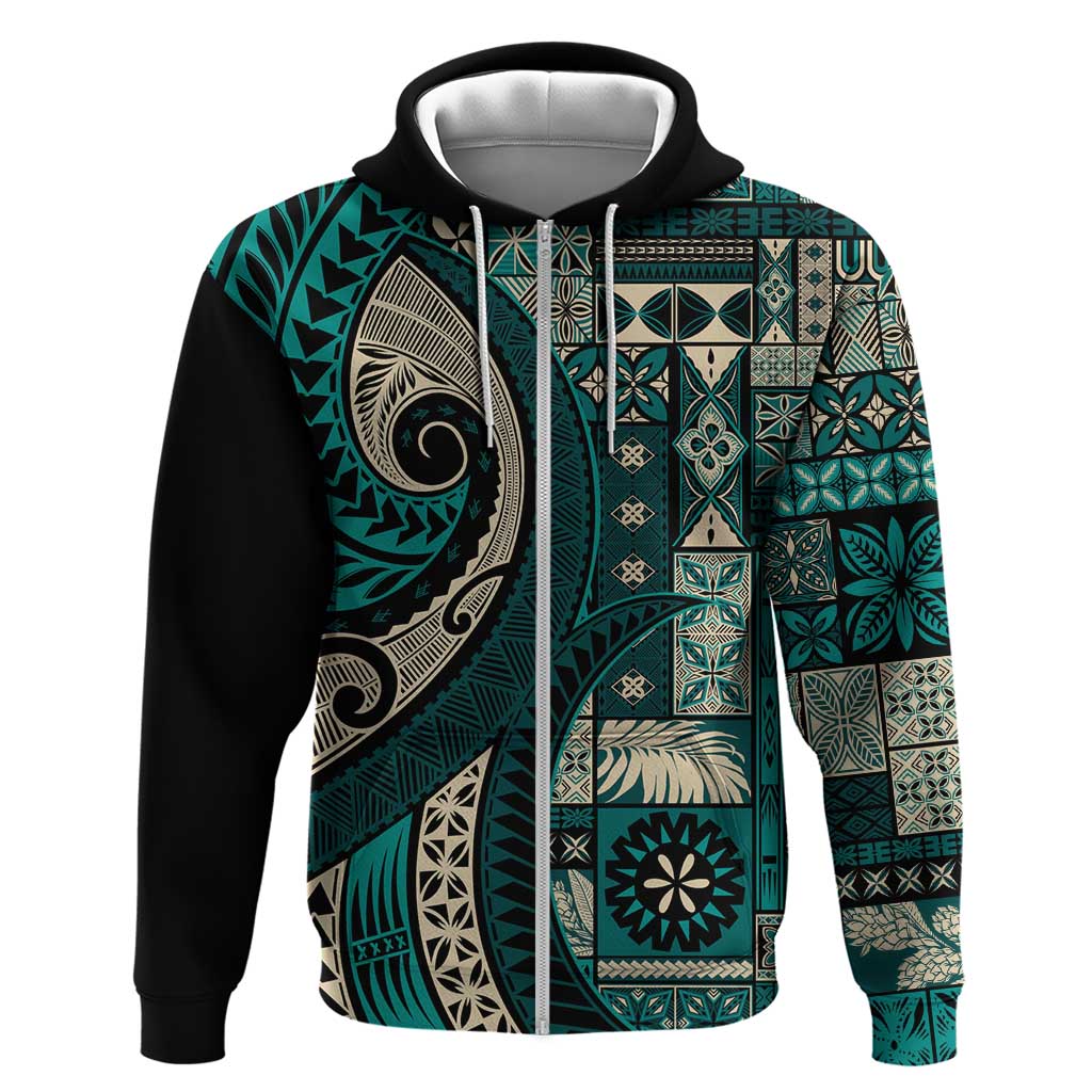 Vintage Samoa Siapo Mamanu Zip Hoodie Teal Samoan Tapa Motif LT9 Zip Hoodie Teal - Polynesian Pride