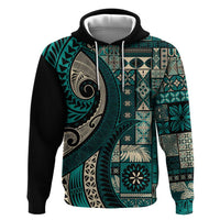 Vintage Samoa Siapo Mamanu Zip Hoodie Teal Samoan Tapa Motif - Polynesian Pride