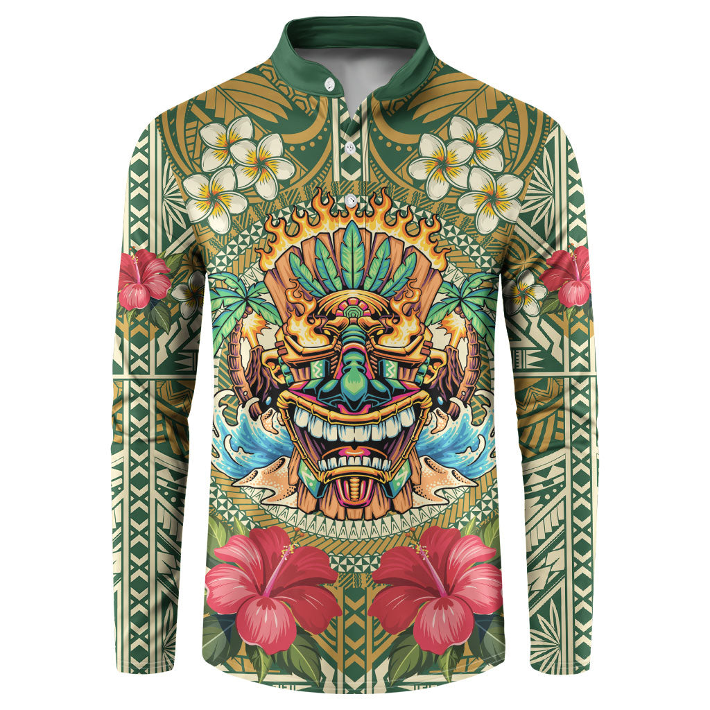 Hawaii Tiki Mask Personalized Button Sweatshirt Mele Kalikimaka i Iulai!