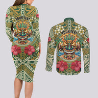 Hawaii Tiki Mask Personalized Couples Matching Long Sleeve Bodycon Dress and Long Sleeve Button Shirt Mele Kalikimaka i Iulai!