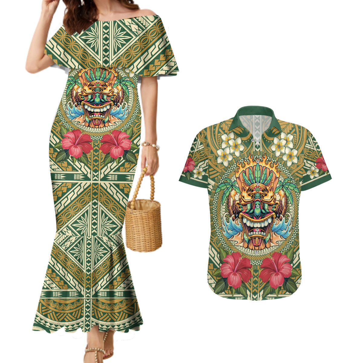 Hawaii Tiki Mask Personalized Couples Matching Mermaid Dress and Hawaiian Shirt Mele Kalikimaka i Iulai!