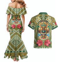 Hawaii Tiki Mask Personalized Couples Matching Mermaid Dress and Hawaiian Shirt Mele Kalikimaka i Iulai!