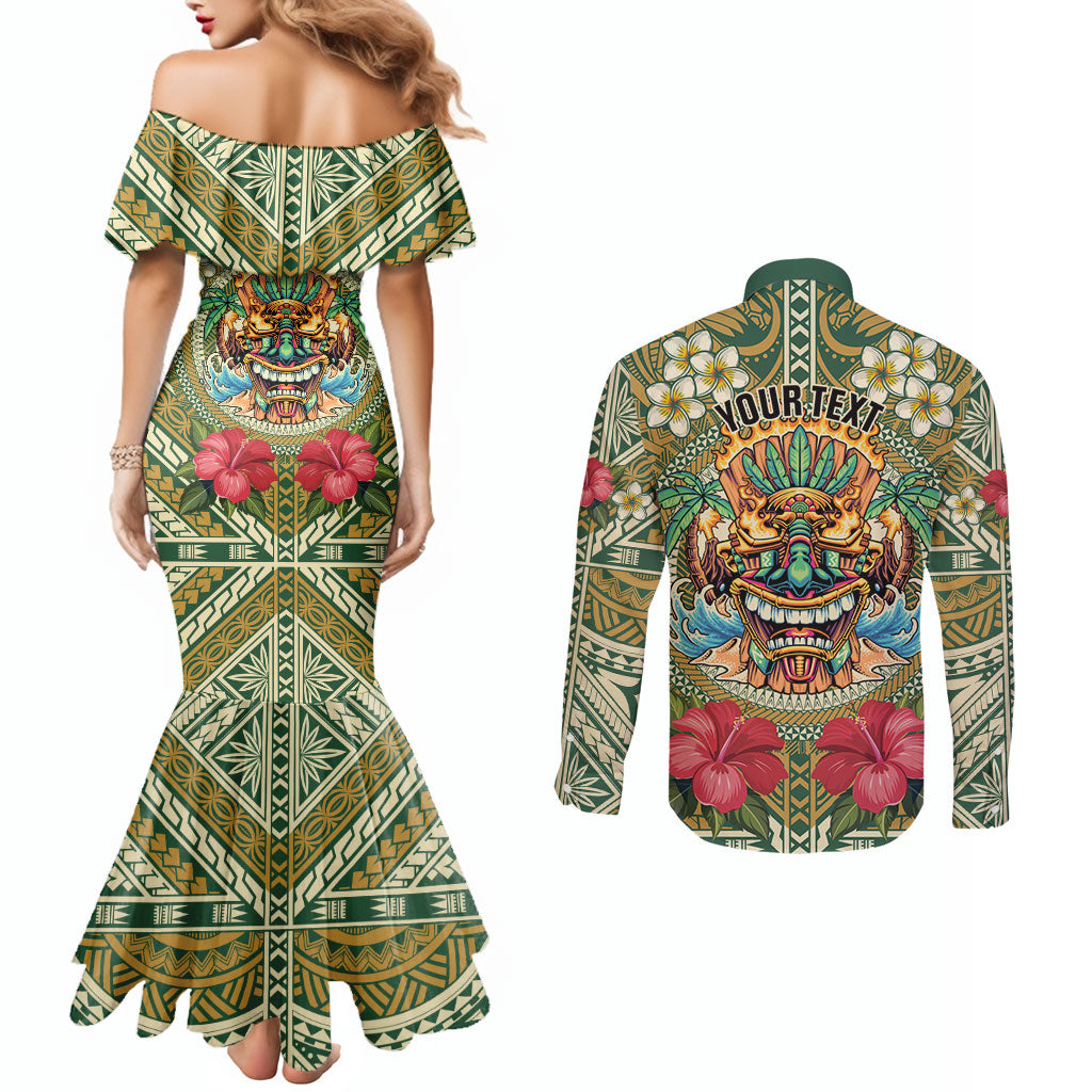Hawaii Tiki Mask Personalized Couples Matching Mermaid Dress and Long Sleeve Button Shirt Mele Kalikimaka i Iulai!