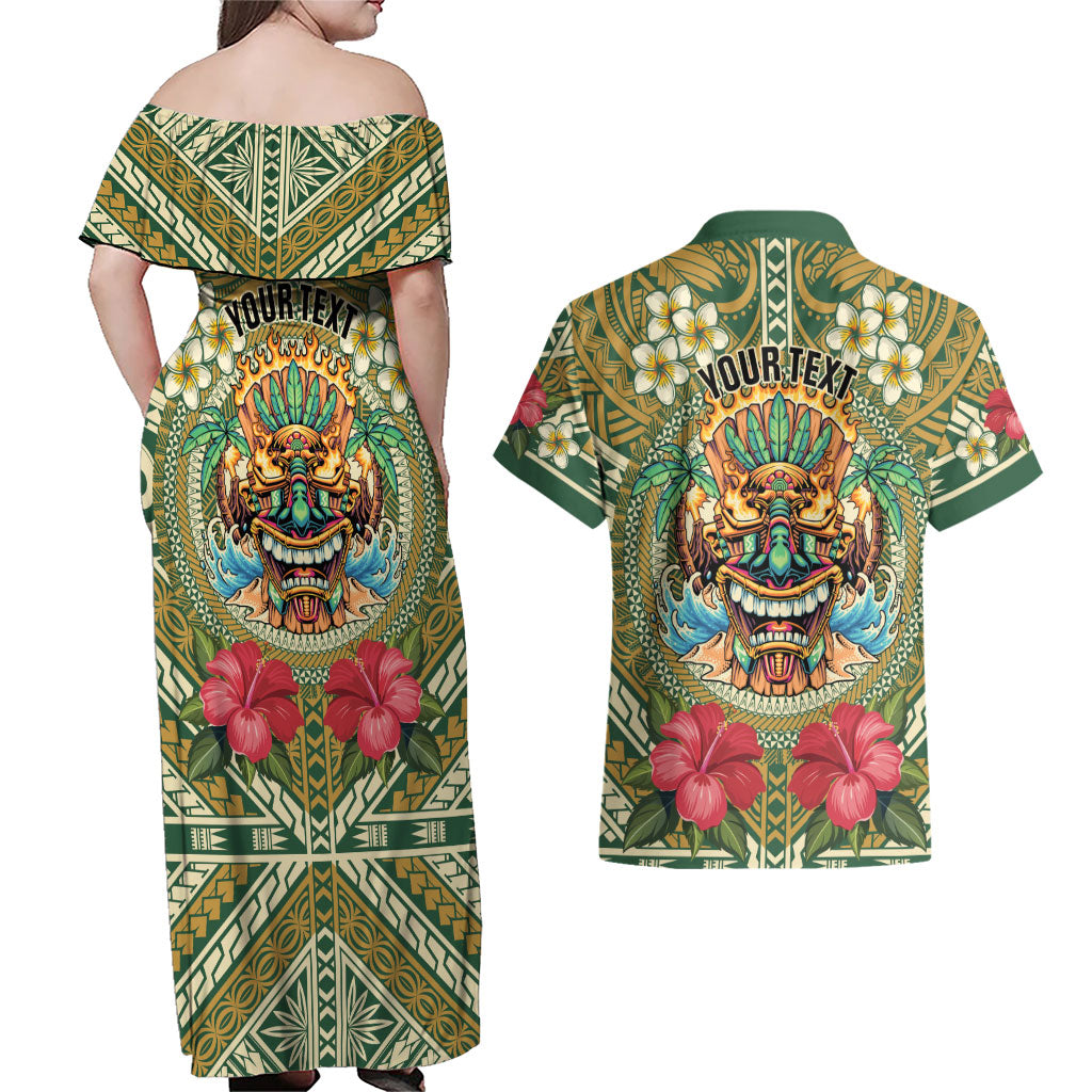 Hawaii Tiki Mask Personalized Couples Matching Off Shoulder Maxi Dress and Hawaiian Shirt Mele Kalikimaka i Iulai!