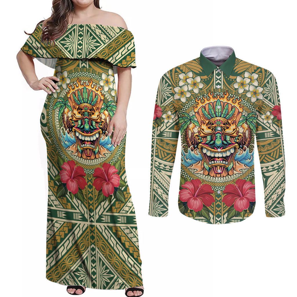 Hawaii Tiki Mask Personalized Couples Matching Off Shoulder Maxi Dress and Long Sleeve Button Shirt Mele Kalikimaka i Iulai! LT9 Green - Polynesian Pride