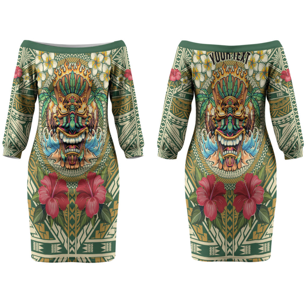 Hawaii Tiki Mask Personalized Couples Matching Off The Shoulder Long Sleeve Dress and Long Sleeve Button Shirt Mele Kalikimaka i Iulai! LT9 - Polynesian Pride