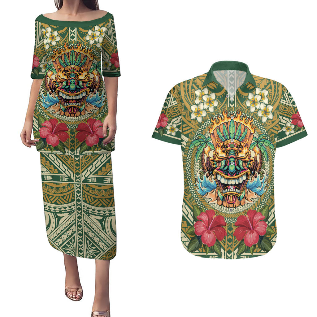 Hawaii Tiki Mask Personalized Couples Matching Puletasi and Hawaiian Shirt Mele Kalikimaka i Iulai!
