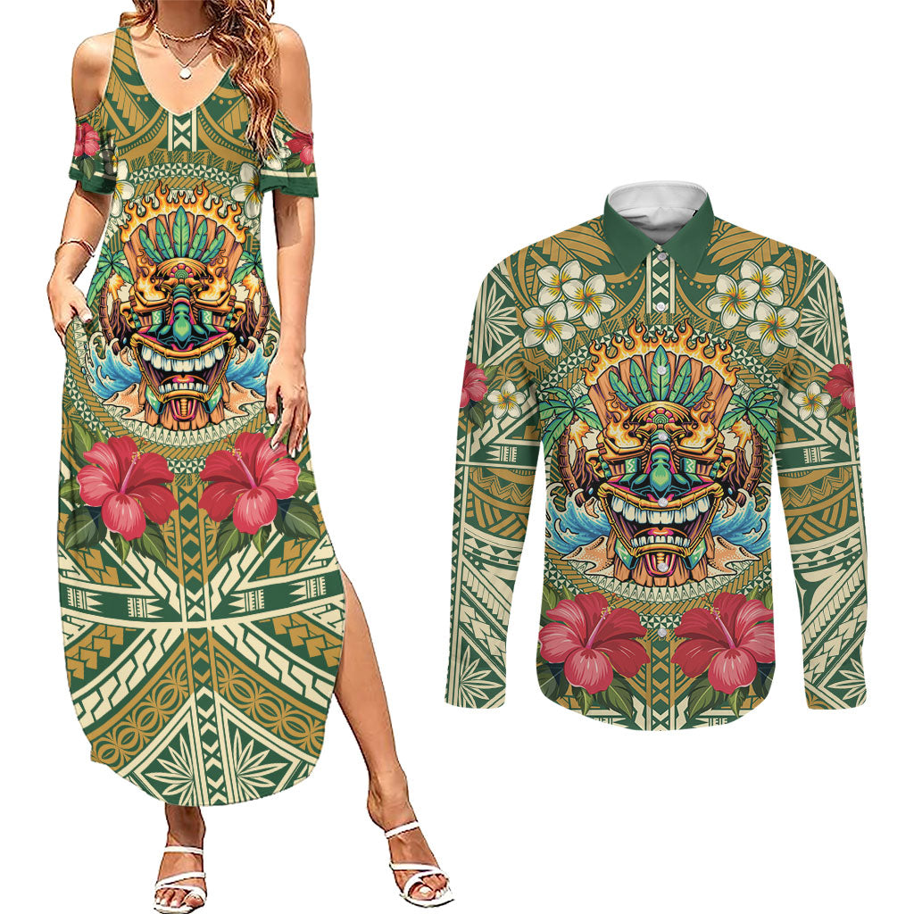 Hawaii Tiki Mask Personalized Couples Matching Summer Maxi Dress and Long Sleeve Button Shirt Mele Kalikimaka i Iulai!