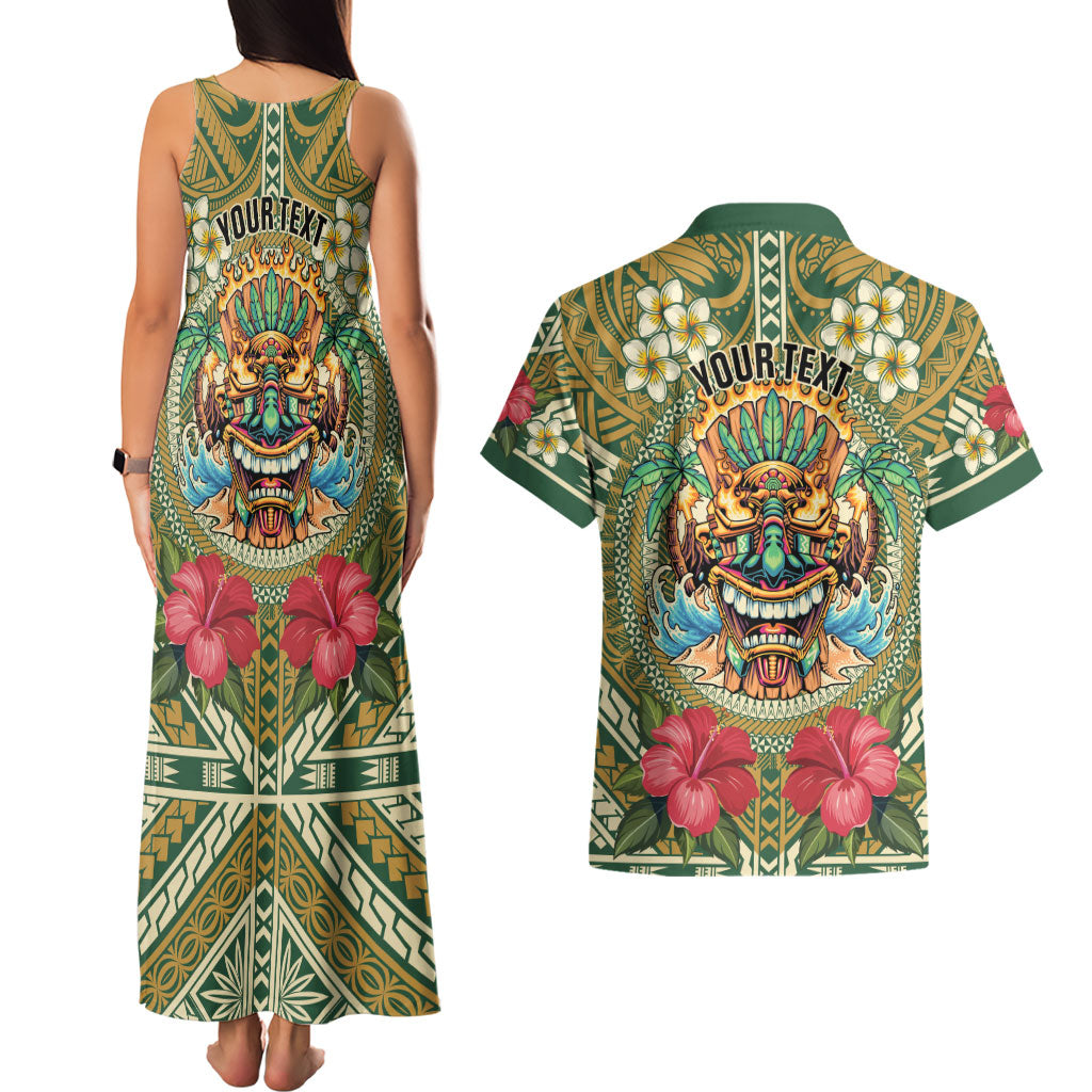 Hawaii Tiki Mask Personalized Couples Matching Tank Maxi Dress and Hawaiian Shirt Mele Kalikimaka i Iulai!