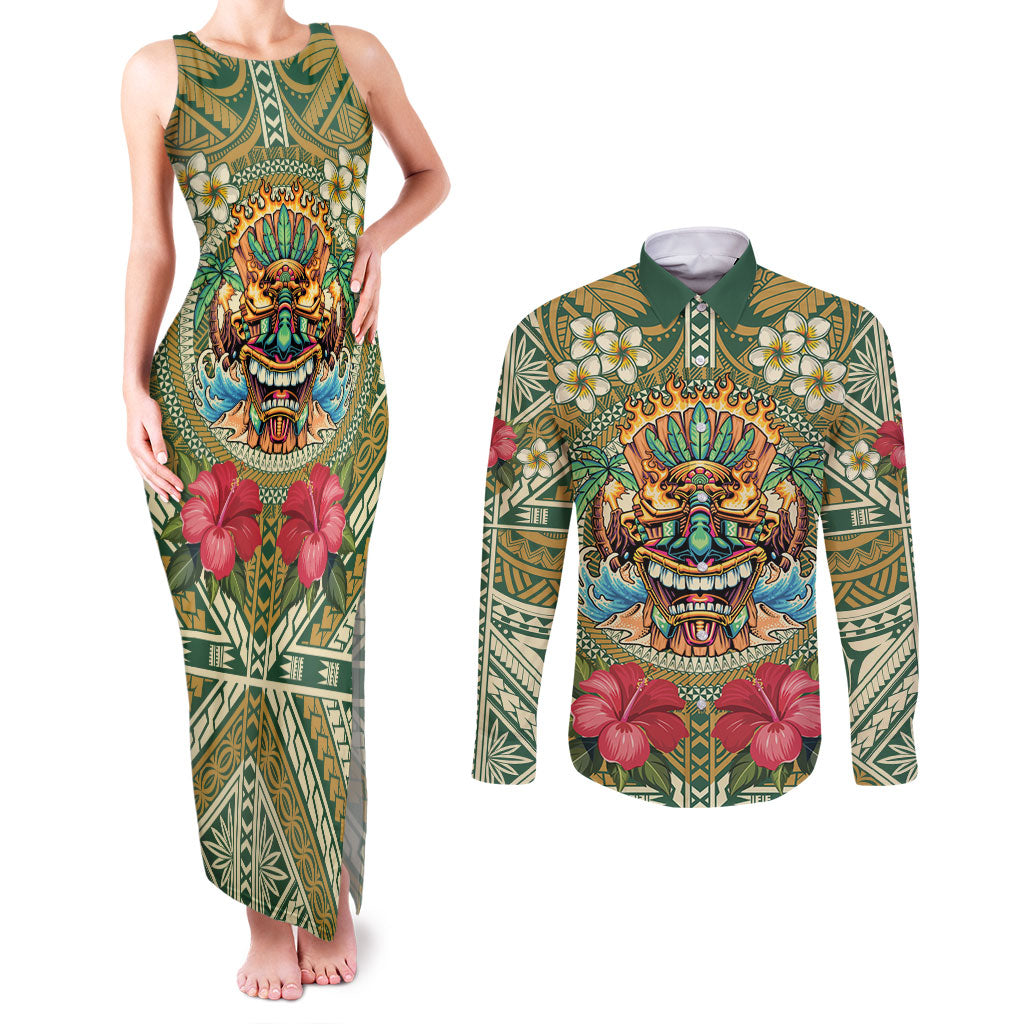 Hawaii Tiki Mask Personalized Couples Matching Tank Maxi Dress and Long Sleeve Button Shirt Mele Kalikimaka i Iulai!