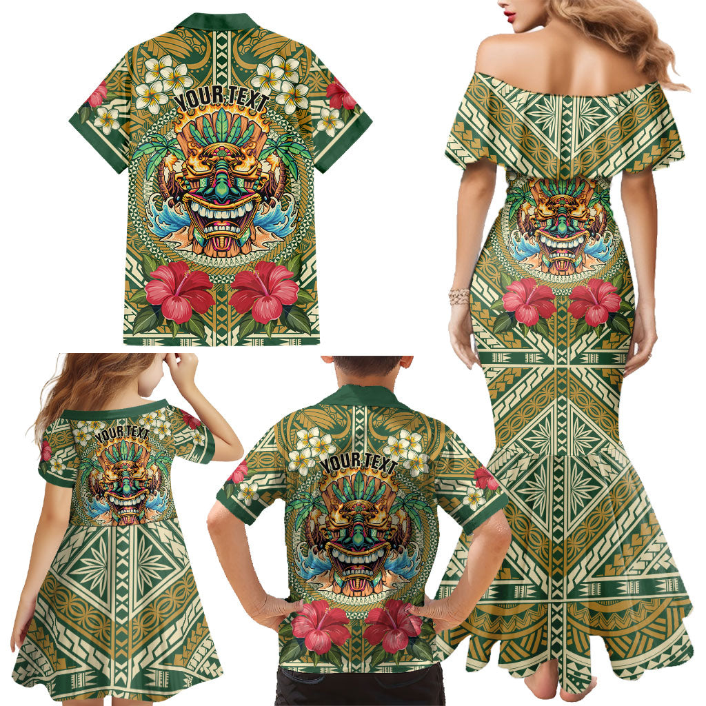 Hawaii Tiki Mask Personalized Family Matching Mermaid Dress and Hawaiian Shirt Mele Kalikimaka i Iulai!