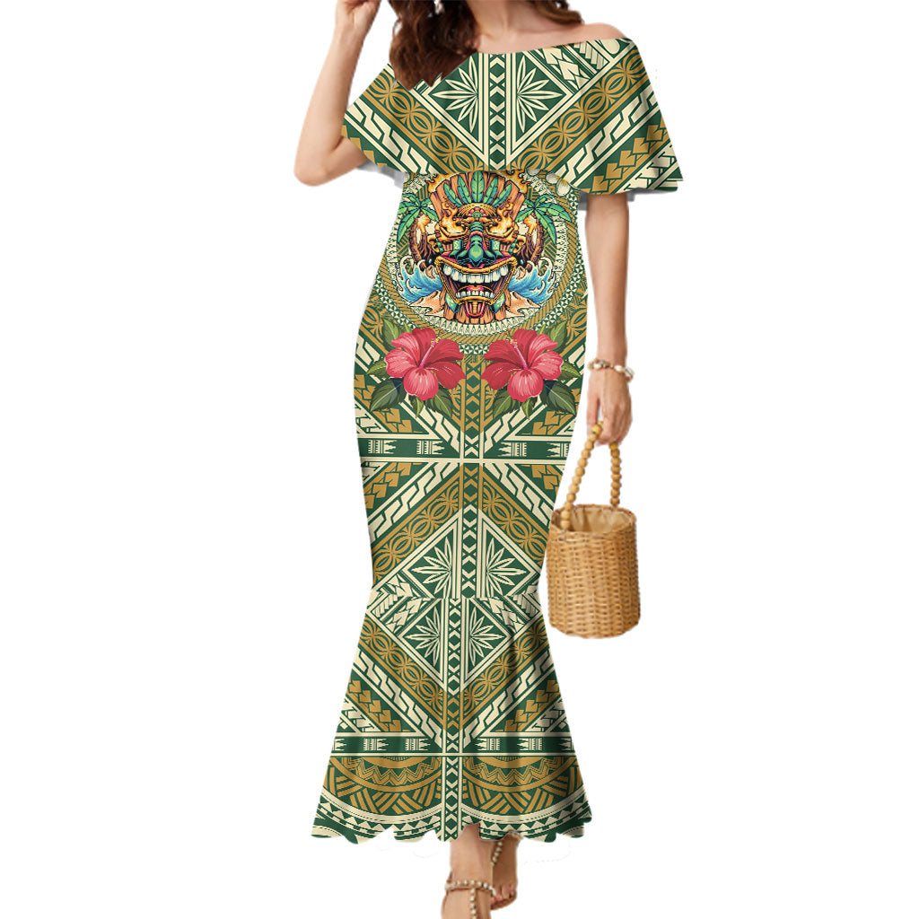 Hawaii Tiki Mask Personalized Family Matching Mermaid Dress and Hawaiian Shirt Mele Kalikimaka i Iulai!
