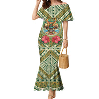 Hawaii Tiki Mask Personalized Family Matching Mermaid Dress and Hawaiian Shirt Mele Kalikimaka i Iulai!