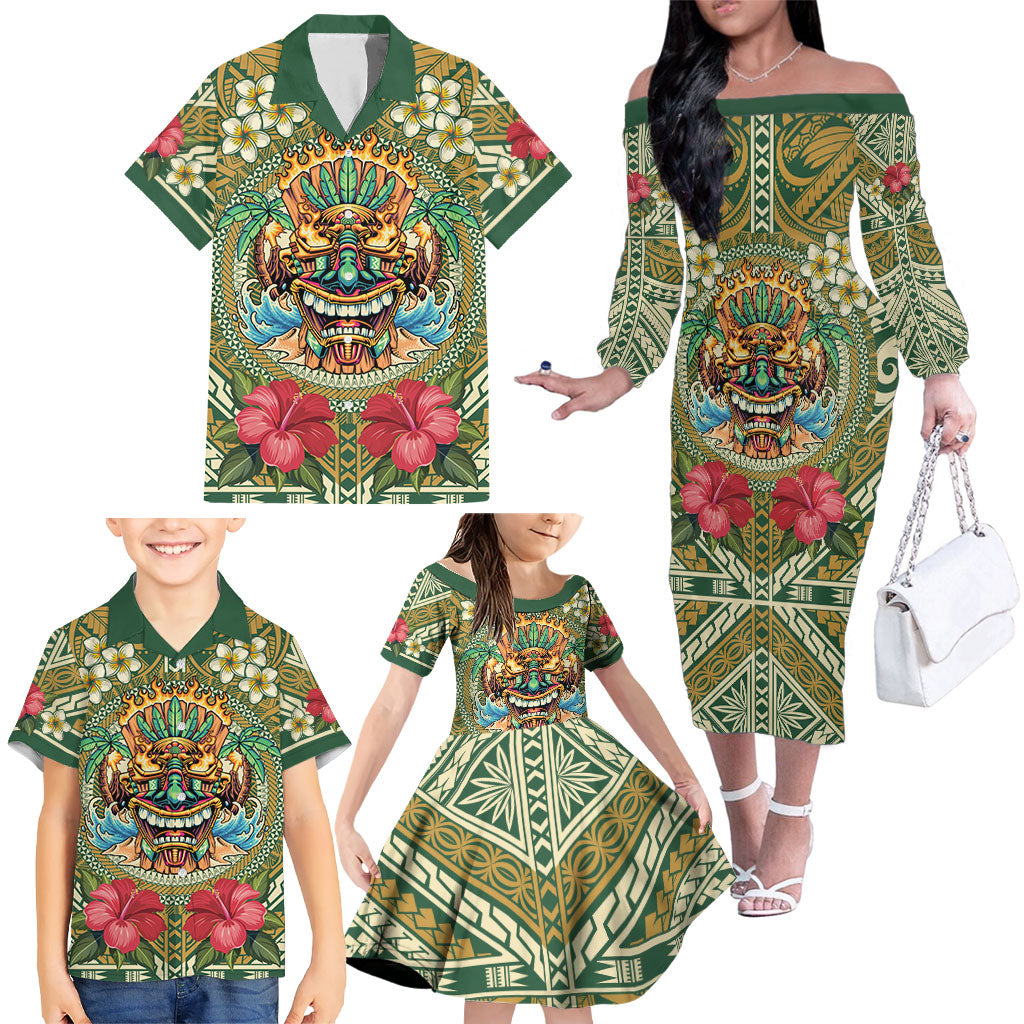 Hawaii Tiki Mask Personalized Family Matching Off The Shoulder Long Sleeve Dress and Hawaiian Shirt Mele Kalikimaka i Iulai!
