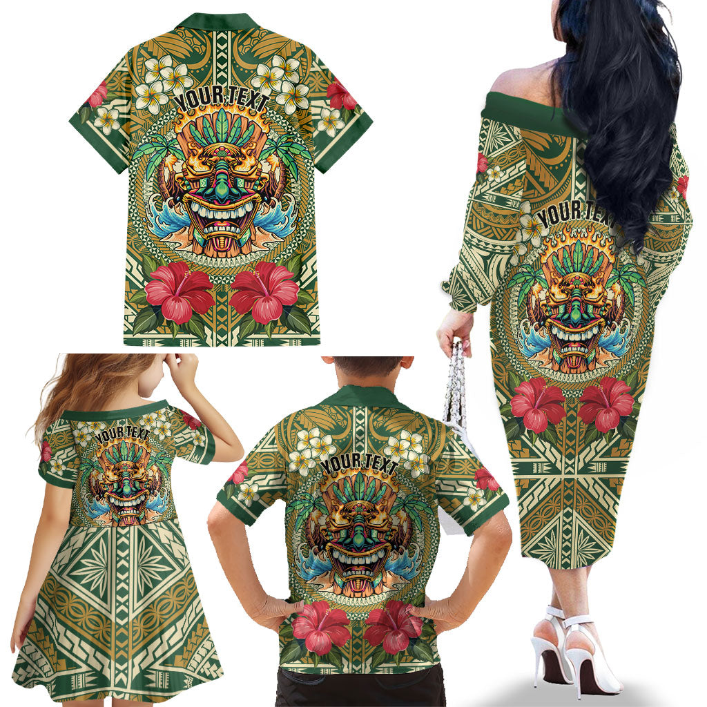 Hawaii Tiki Mask Personalized Family Matching Off The Shoulder Long Sleeve Dress and Hawaiian Shirt Mele Kalikimaka i Iulai!