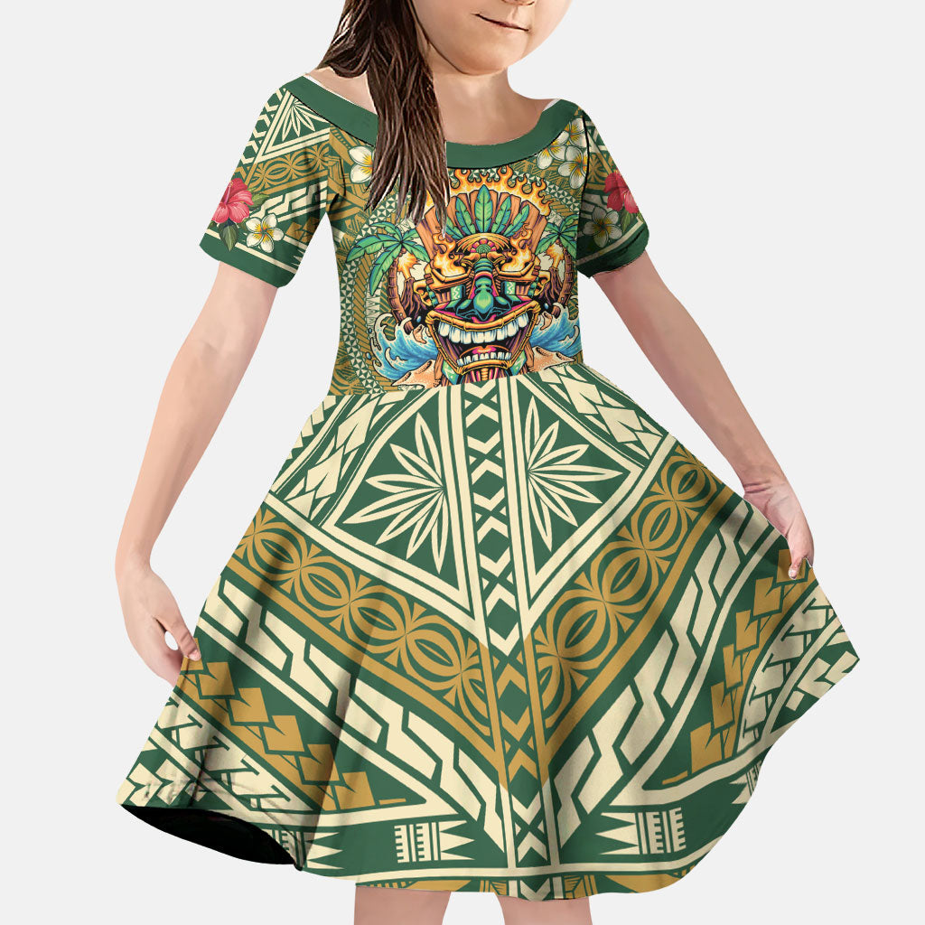 Hawaii Tiki Mask Personalized Family Matching Off Shoulder Maxi Dress and Hawaiian Shirt Mele Kalikimaka i Iulai!