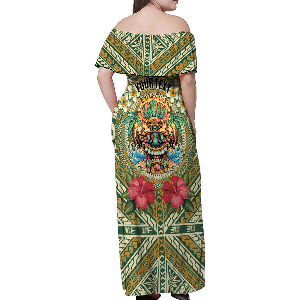 Hawaii Tiki Mask Personalized Family Matching Off Shoulder Maxi Dress and Hawaiian Shirt Mele Kalikimaka i Iulai!