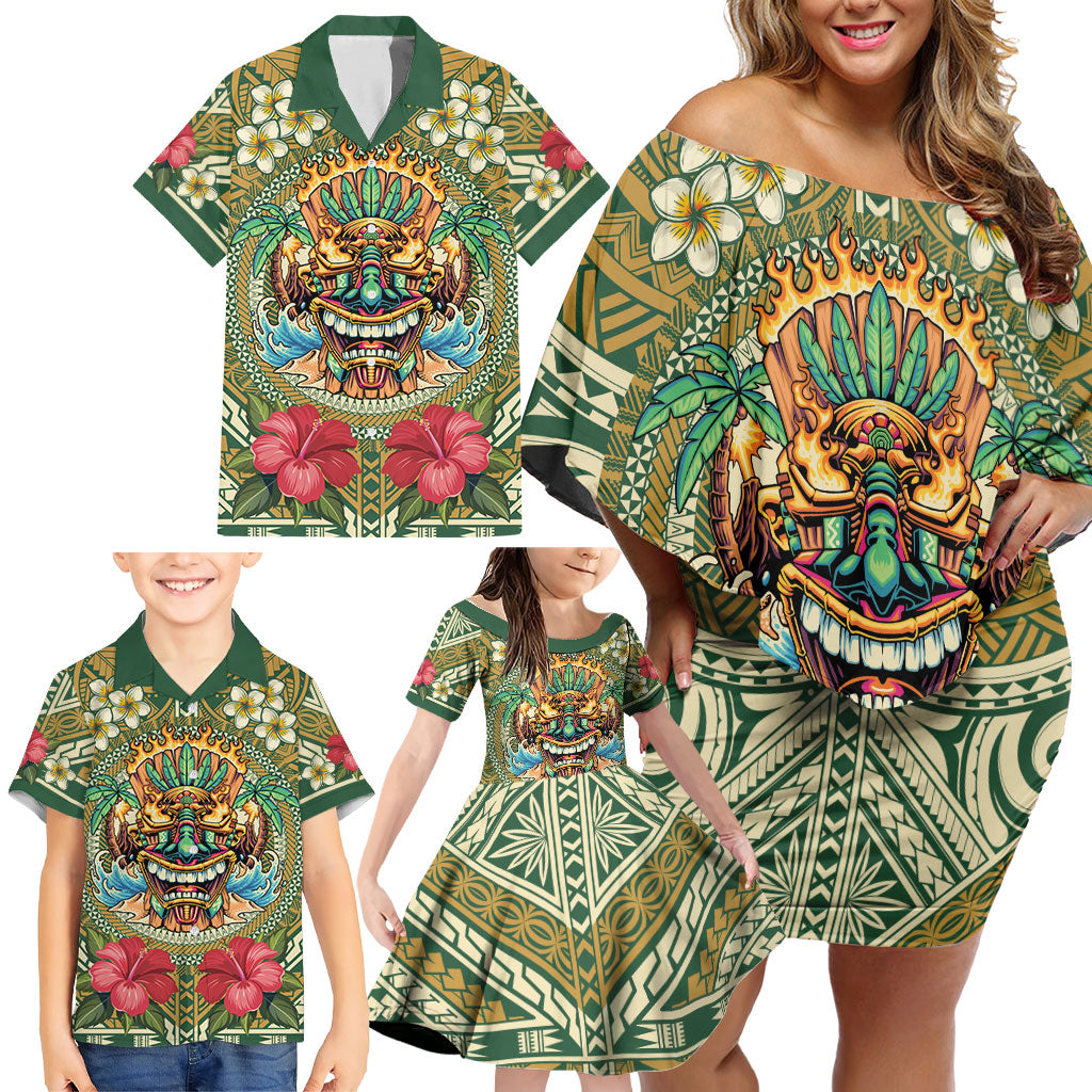 Hawaii Tiki Mask Personalized Family Matching Off Shoulder Short Dress and Hawaiian Shirt Mele Kalikimaka i Iulai!